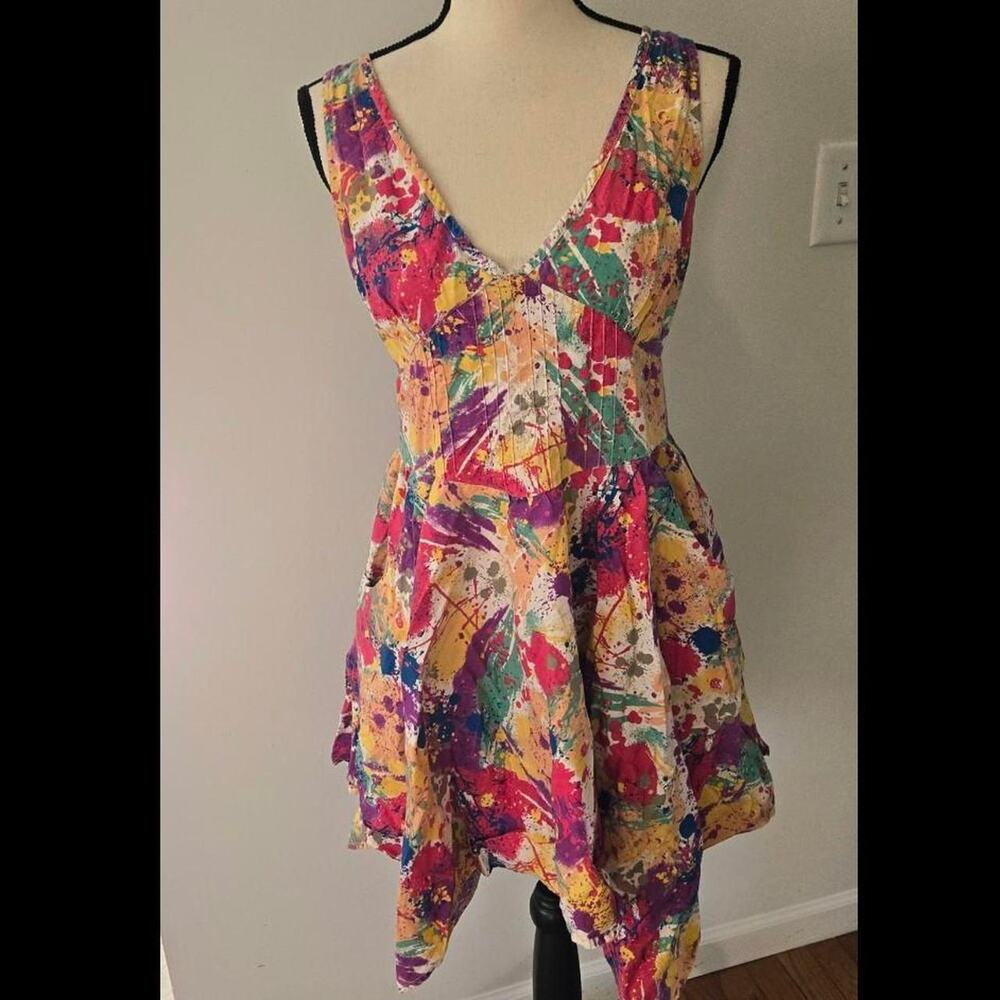 vintage 90s y2k abstract paint splatter mini dress zipper back pockets L